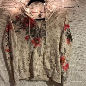 Lucky Brand Cream Floral Dragon Zip Hoodie with Red Accents